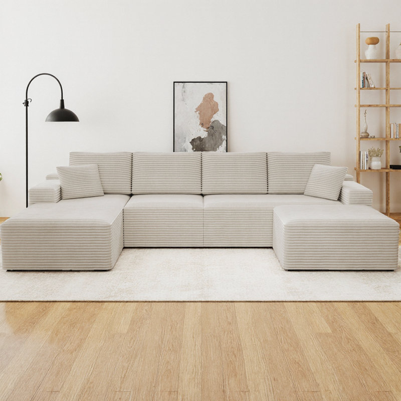 U-Shaped Sectional Sofa with Ottoman & Chaise Lounge, Upholstered Plush Corduroy Fabric Modular Couch for Large Spaces, Compressed Furniture No Assembly Required