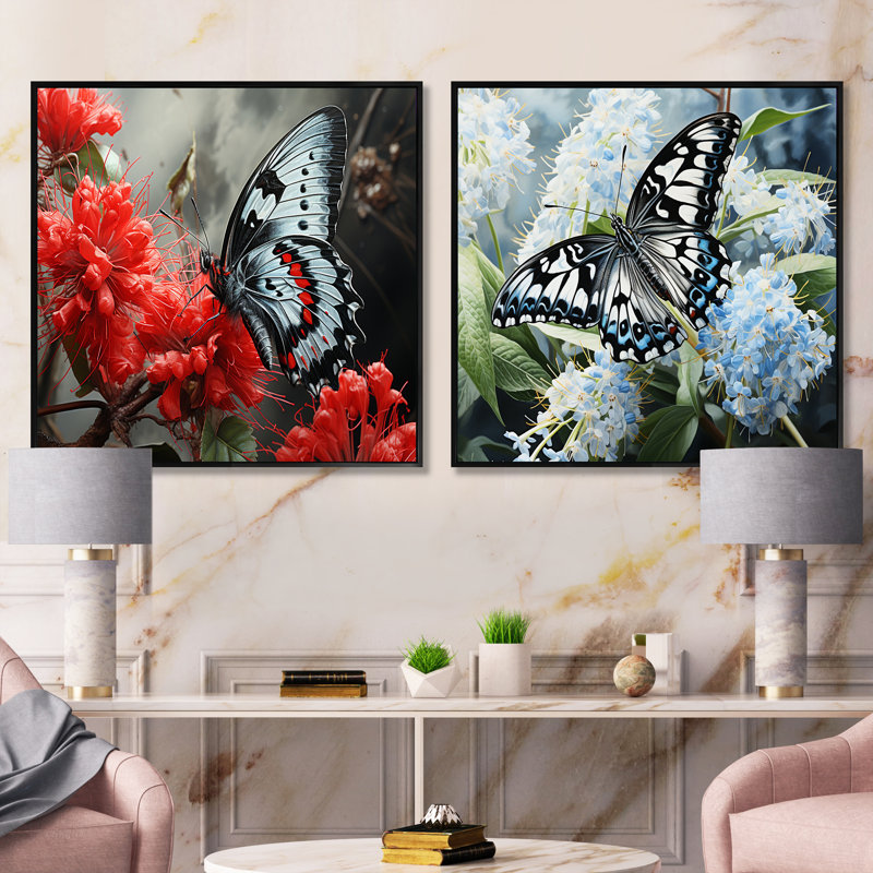«Pink Black Butterfly Haven», 2 pièces, Cadre noir, H 36 po x l 73 po