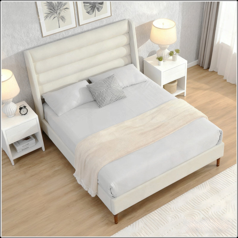 Structure de lit grand format avec tête de lit haute, conception en forme de vague, tissu chenille de qualité supérieure, lit plateforme minimaliste moderne