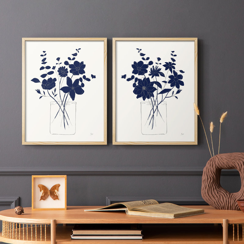 Indigo croquis I - impression encadrée de qualité supérieure - prête à être accrochée - aucun clou requis - aucun clou requis