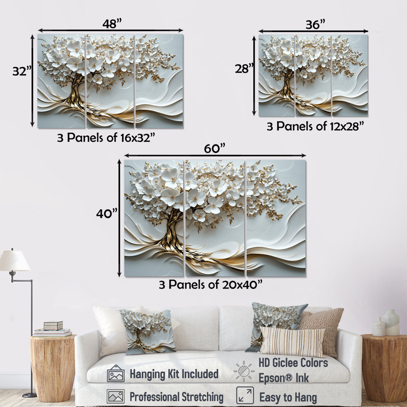 Cerisiers en fleurs blanc doré II - ensemble d'art mural cerisier en fleurs, H 28 po x l 36 po x P 1 po, Toile tendue