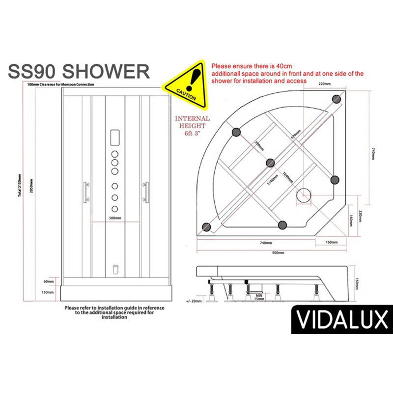 Vidalux SS90 Quadrant Steam Shower Enclosure 900 x 900, White