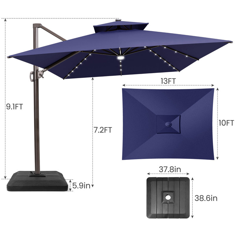 Parasol suspendu en forme de patio 10 pi x 13 pi, base incluse, Navy Blue