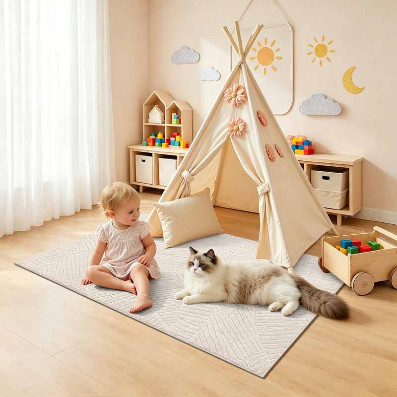 Tapis beige en sherpa beige, tapis à feuilles tropicales, Rectangulaire 3 pi x 5 pi