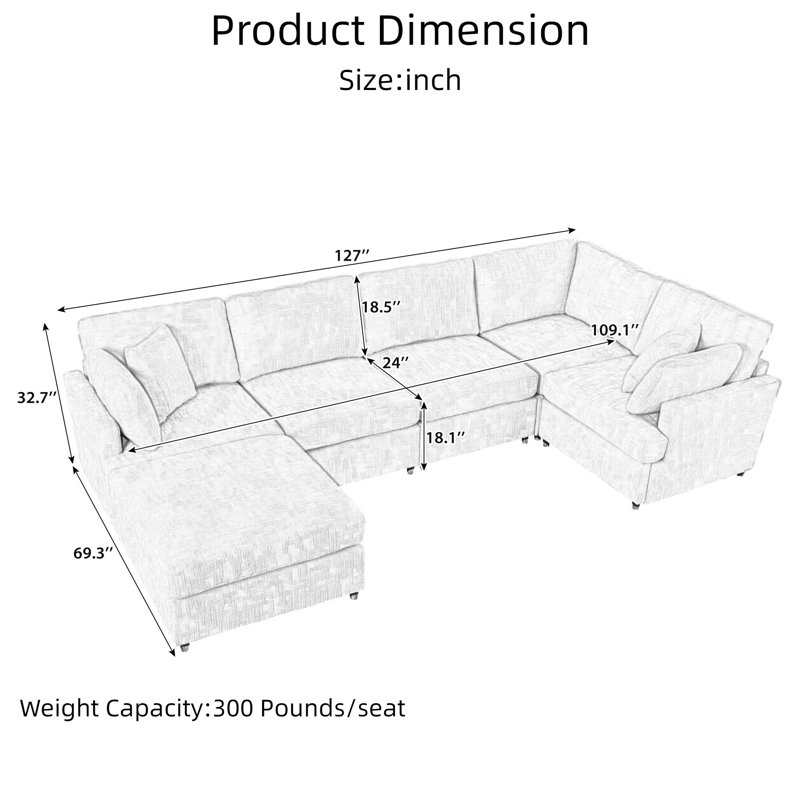 Canapé modulaire en chenille 127 "en U avec repose-pieds mobile 127" | Canapé d'angle modulaire 6 pièces, structure en pin, siège 300 lb