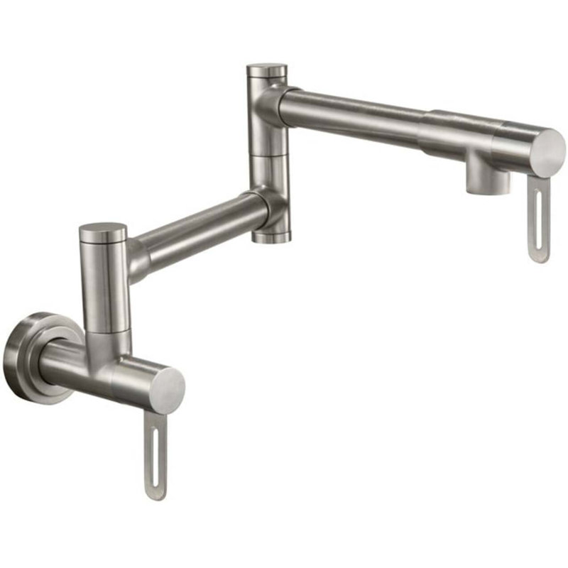Pot Filler - Dual Handle Wall Mount - Contemporary, Black Stick Lever Handle, Satin Nickel