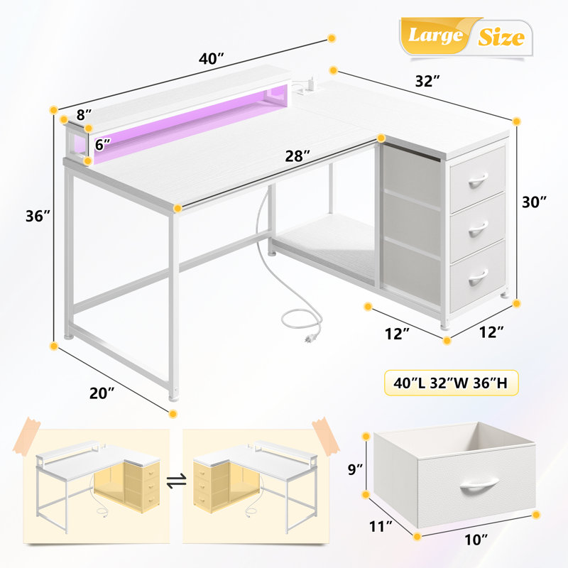 Small Home Office L Shaped Computer Desk With 3 Drawers & Led Lights & Power Outlet & Monitor Stand, White