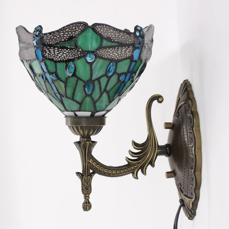 Tiffany Wall Sconce Lamp Stained Glass 8X10.5X11 Inch Plug in Wall Bedside Light for Hallway Bedroom (Green Dragonfly Style)