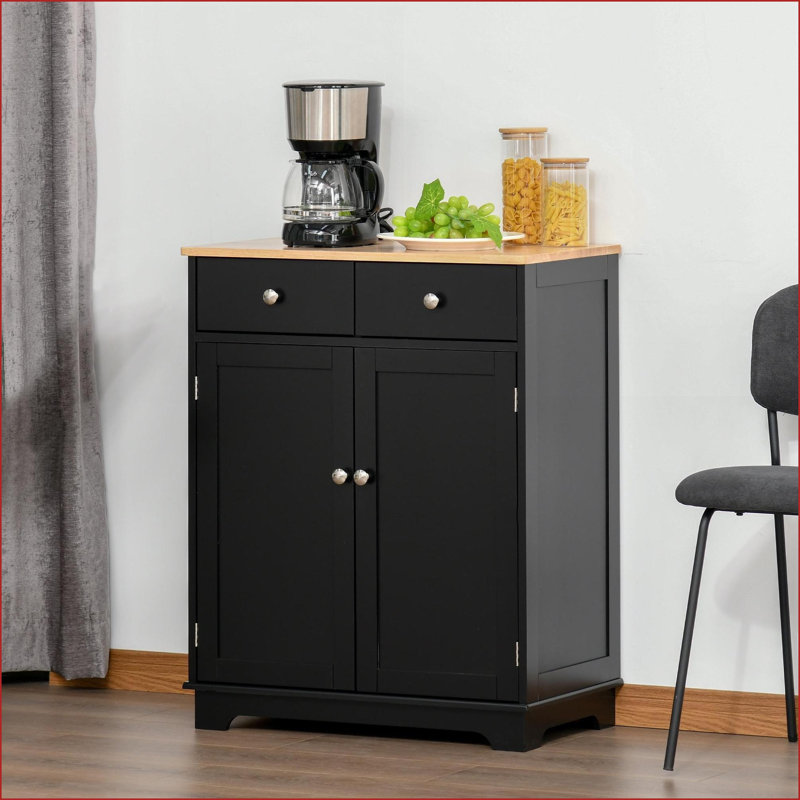 Armoires avec comptoir en bois massif, rangement moderne avec 2 tiroirs, tablette réglable et amp; Portes | Noir | Salle à manger