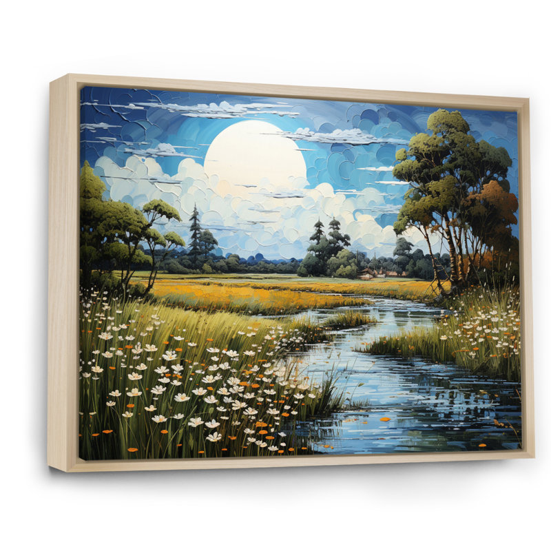Countryside Tranquil Pond Landscape, reproduction d'art sur toile, H 16 po x l 32 po x P 1 po, Cadre flottant brun