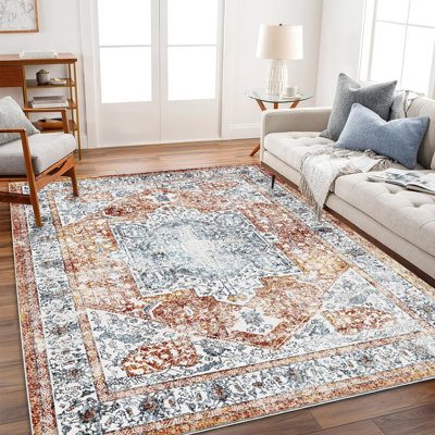 Area Rug 10x14 Washable Tangerine Vintage Traditional Mat Distressed Indoor Foldable Thin Retro Accent Floral Non Slip Carpet for Living Room Dining Room Office