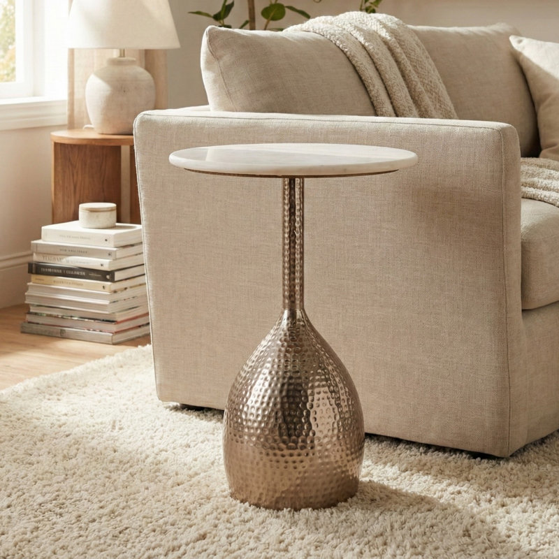 Modern Round Marble Top Side Table , Silver