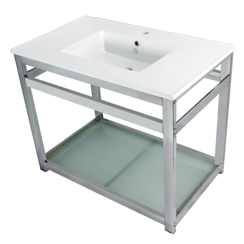 Kingston Brass Quadras 37-Inch Ceramic Console Sink with Steel Base and Glass Shelf (1-Hole), White/Polished Chrome