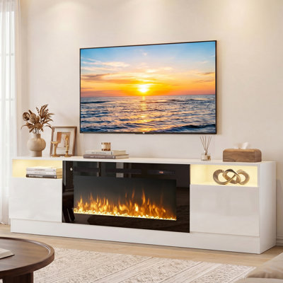 Meuble télé 80 po avec foyer électrique pour téléviseur de 90 po ou moins Kenndy, lumières DEL, armoires de rangement et tablettes