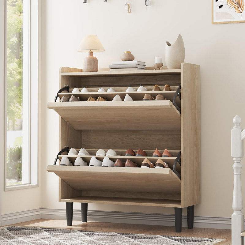 30 Pair Flip Down Shoe Storage, Beige Wood