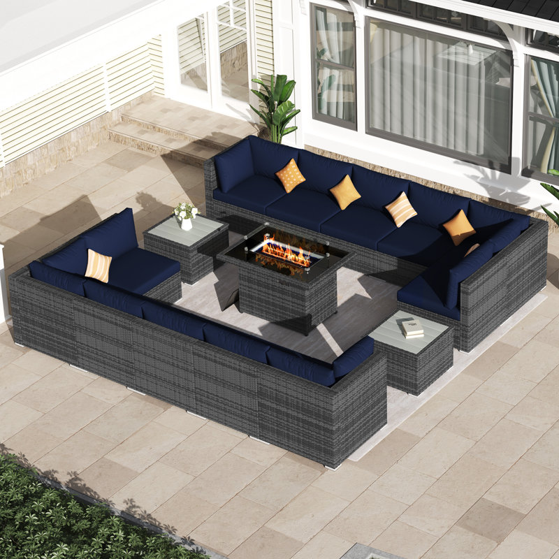 Pashko 12 - Person Modular Patio Conversation Set with Cushions, Navy