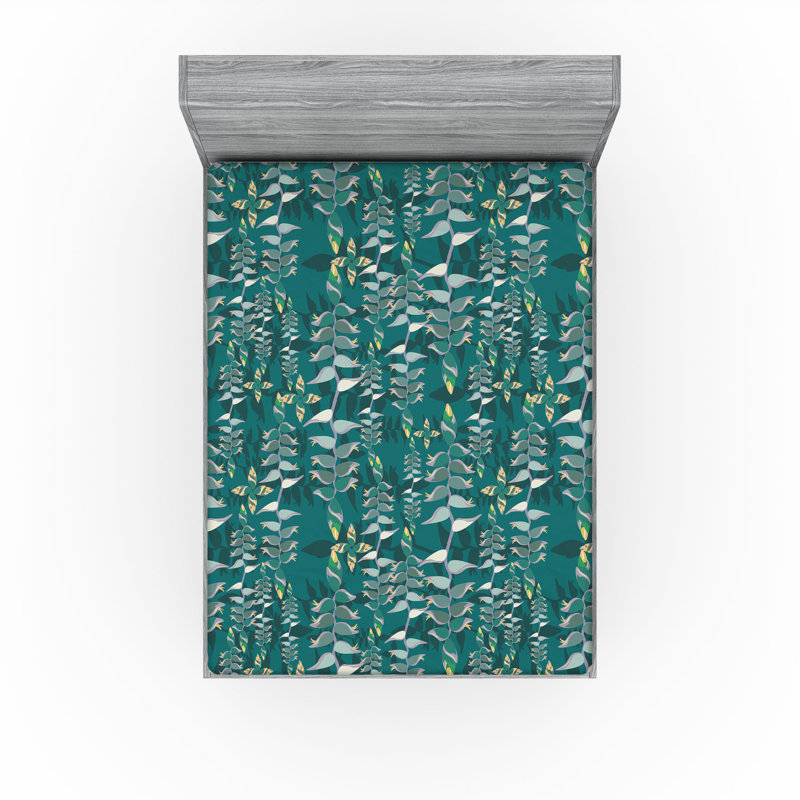 Drap-housse Ambesonne, Drap-housse grand, Bleu sarcelle / bleu cadet / motif floral moutarde