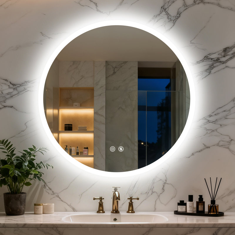 Round Lighted Wall Mounted Bathroom Mirror, 70 cm H x 70 cm W