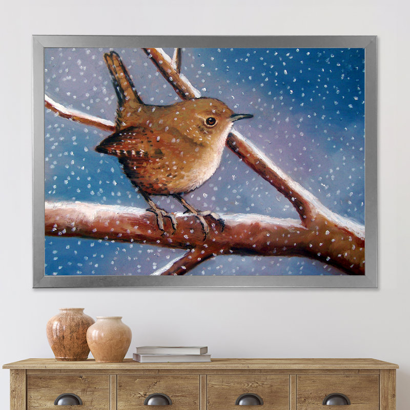 Wren en hiver - Peinture sur toile encadrée, H 30 po x l 40 po x 1,5 po, Encadrement argenté
