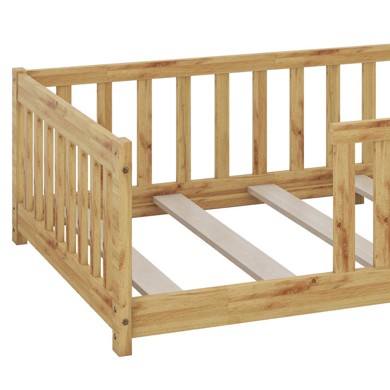 Twin Floor Bed For Kids, Solid Wood Montessori Bed Frame With Safety Guardrails, Montessori Floor Bed For Toddlers Without Door