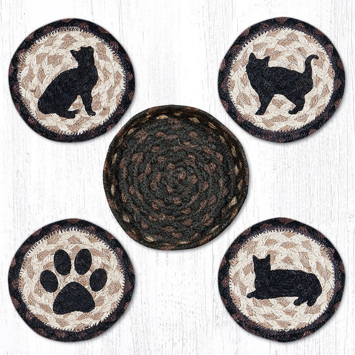  Round Jute Coasters in Basket Hand Stenciled Design 5"x5", Porch Cat