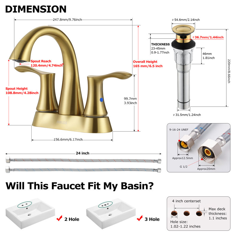 Centerset 2-Handle Bathroom Faucet with Drain Assembly, Brushed Gold