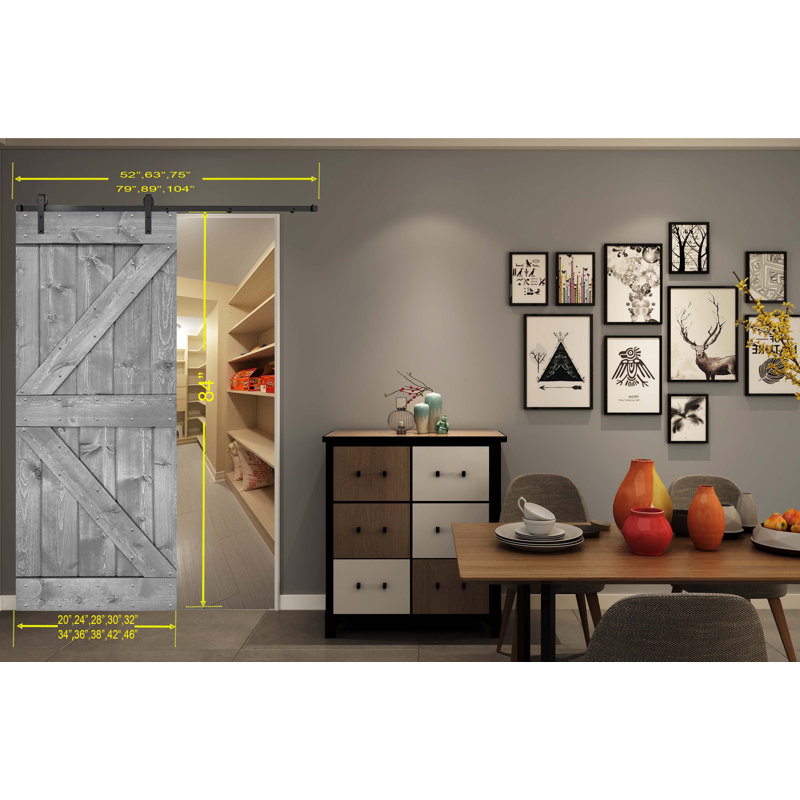 Porte de grange en bois massif DIY 3 en 1 pour chambres, espaces de rangement, placards, 24 po x 84 po, Gris