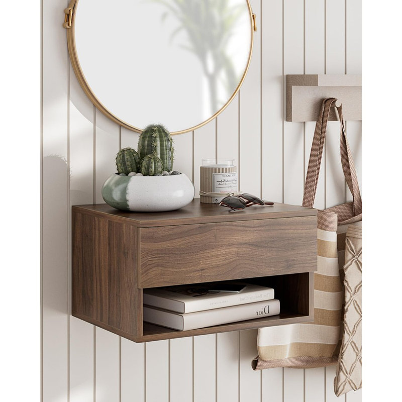 Table de chevet flottante avec tiroir, petite tablette murale moderne, noyer brun