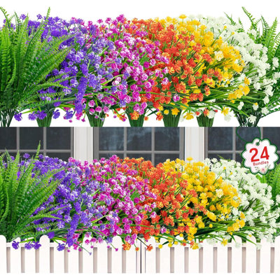 24 Bundles Artificial Flowers For Outdoors UV Resistant Fake Plastic Plants Faux Boston Fern  Stems For Spring Summer Indoor Garden Patio Window Box Kitchen Home Decor, Mixedcolor