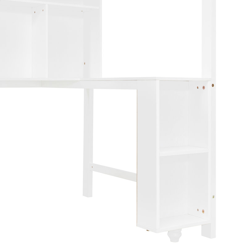 Lit simple au-dessus d'un lit double avec bureau intégré, tiroirs, tablettes, armoire et éclairage à DEL confortable, arrangement de couleur blanc + orange pour les chambres d'amis, bandes de rangement intégrées, conception moderne