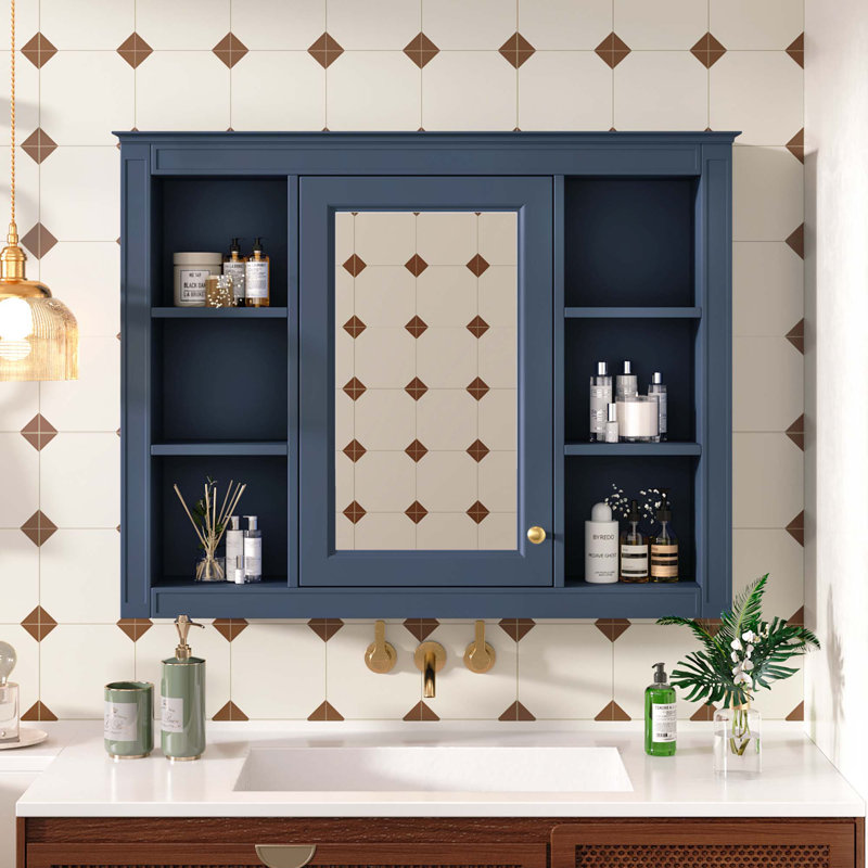 Armoire à pharmacie murale moderne avec miroir et 6 tablettes ouvertes Modern, Marine