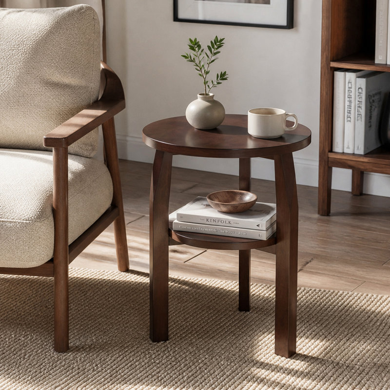 Une table d'appoint ronde en bois massif à double couche avec rangement compartimenté. Convient à une utilisation comme table d'appoint, table de chevet ou objet décoratif dans les salons, les chambres à coucher ou les petits appartements.