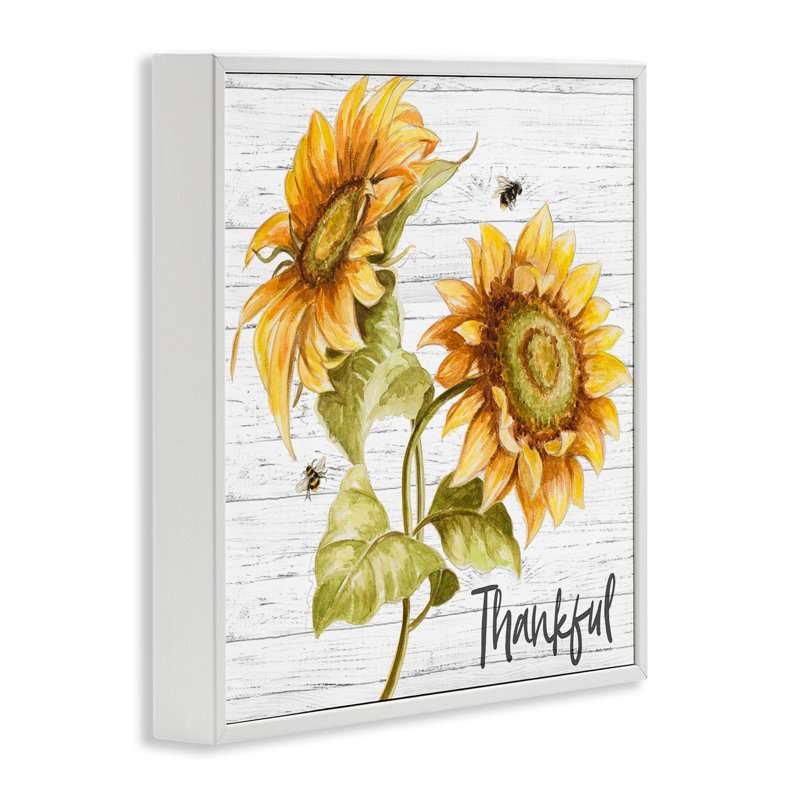 «Thankful Text Country Sunflowers Bumble Bees» par Patricia Pinto - impression d'art graphique, H 12 po x l 12 po x P 1,5 po