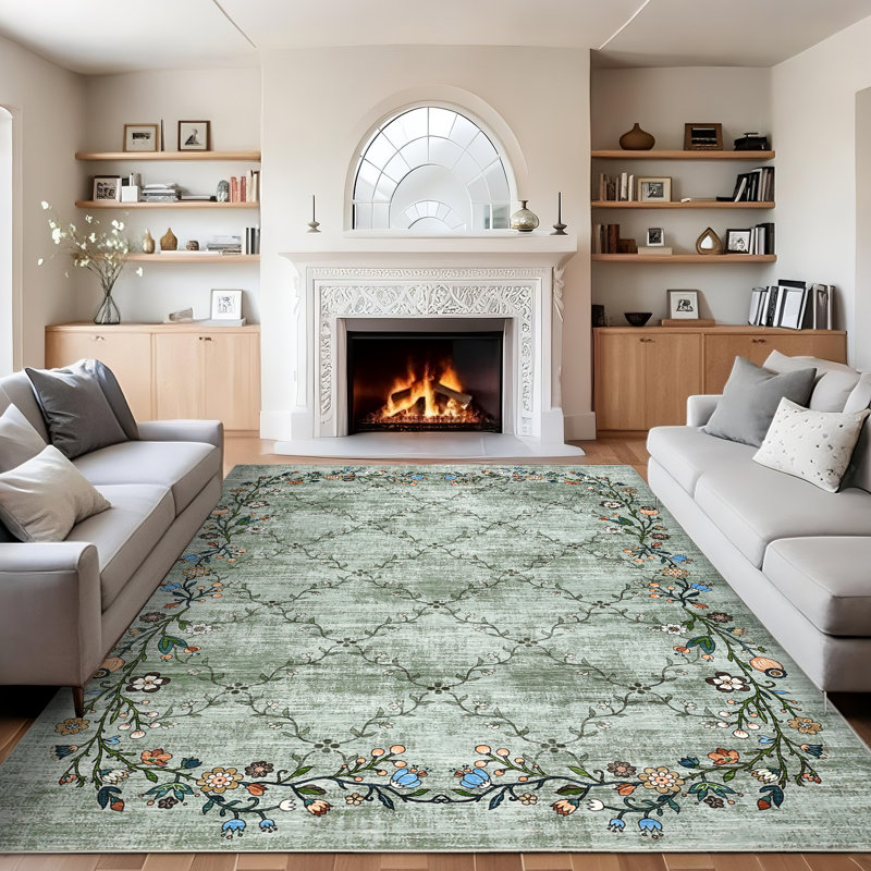 Floral Machine Washable Rugs for Living Room Non-Slip Farmhouse Accent Rug  Foldable Thin Indoor Carpet Stain-Resistant Modern Floor Mats for Bedroom, Nursery, Dining Room