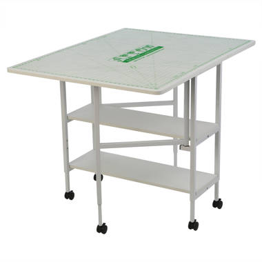 Sew Ready Mobile Folding Height Adjustable Quilting Fabric Cutting Table with Grid Top and Storage in Silver/White