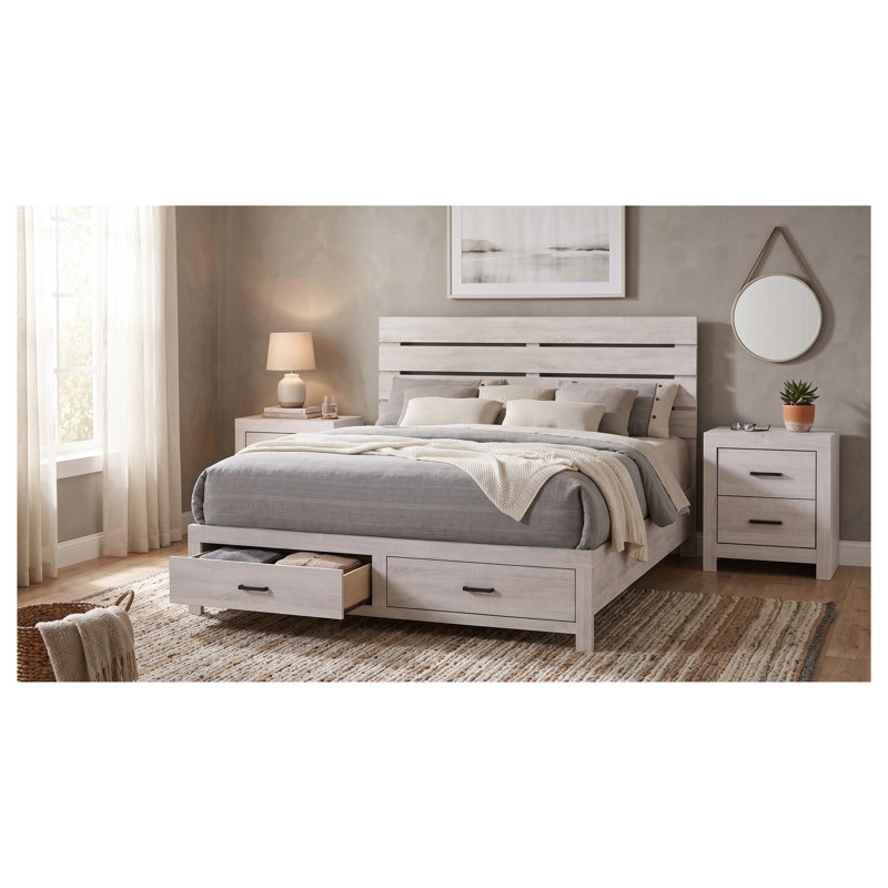 Ensemble de chambre à coucher 3 pièces Kingsley Coastal White Eastern King avec lit de rangement et tables de chevet