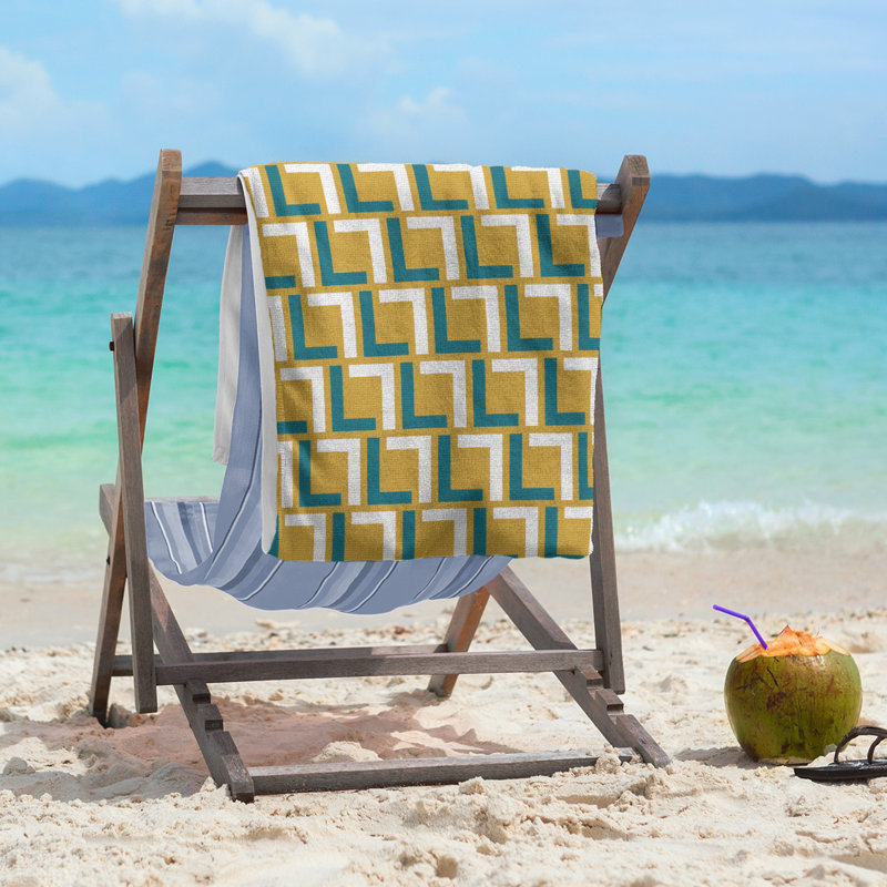 Serviette de plage en microfibre, Or / bleu sarcelle / blanc