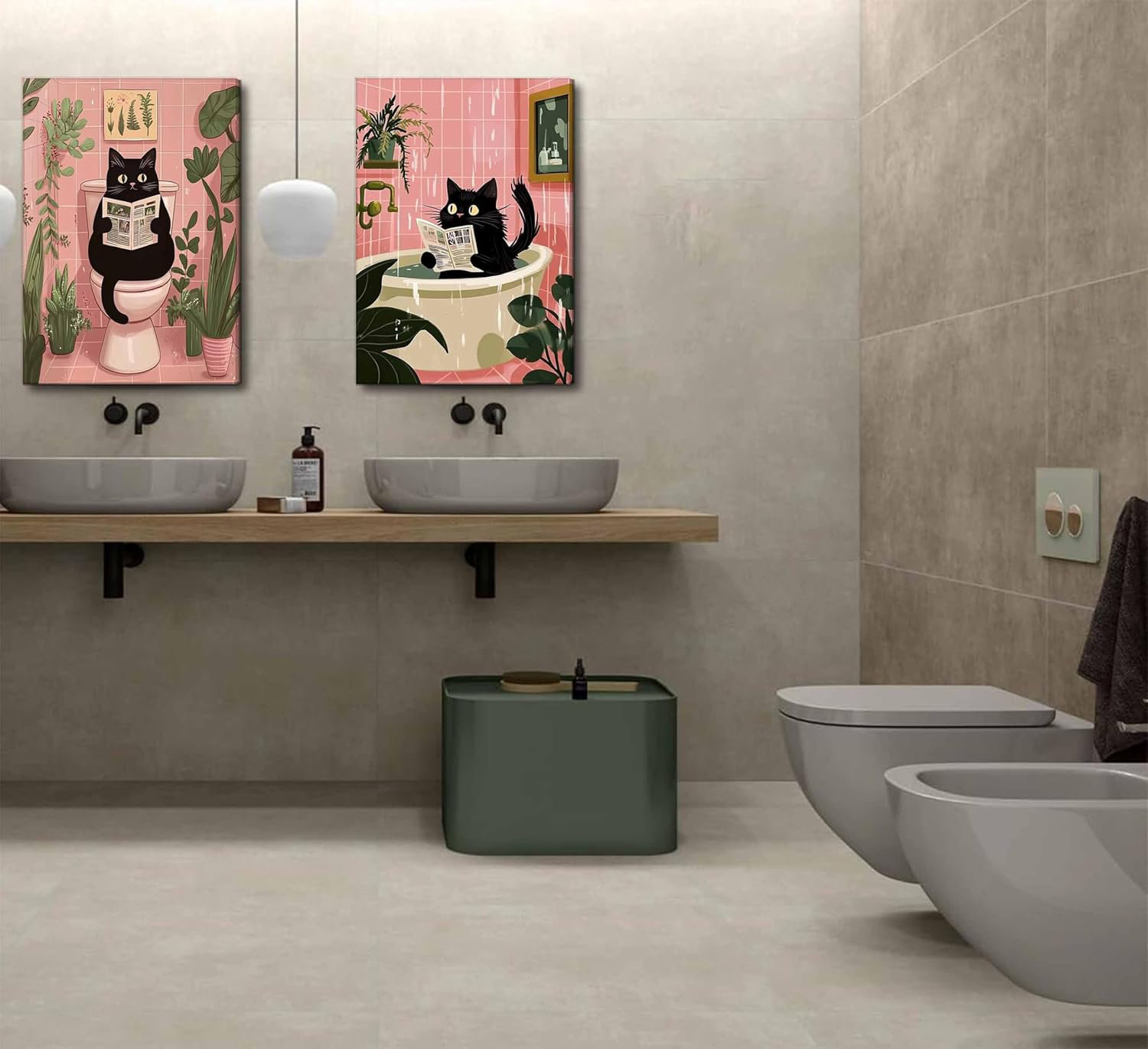 Ebern Designs 2 Pcs Funny Bathroom Cat Canvas Wall Art Black Cat ...