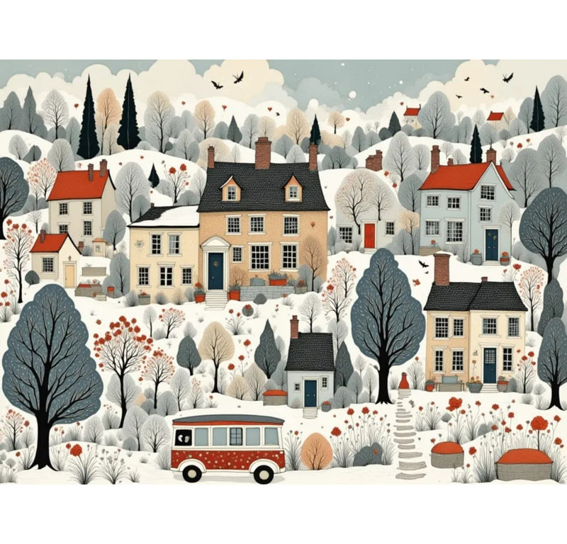 Village d'hiver fantaisiste avec toits rouges, H 16 po x l 24 po