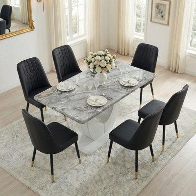 Ensemble de table de salle à manger moderne 7 pièces en faux marbre avec chaises rembourrées