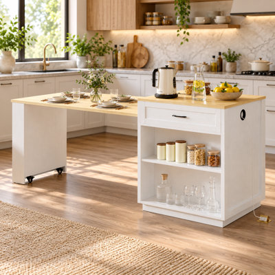Ensemble d'îlot de cuisine avec table de salle à manger extensible, tiroirs et tablettes de rangement ouvertes Farmhouse