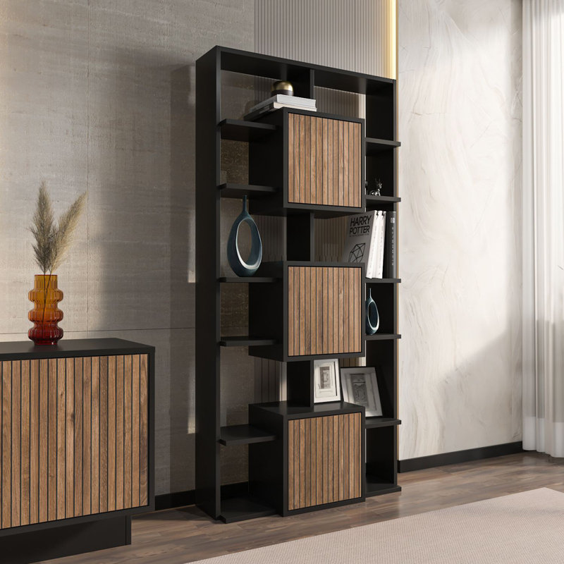 Modern Bookshelf | 100% Melamine Coated Particle Board, Black & Light Walnut Finish | Dimensions: 33.5 x 69.3 x 7.9 inches | Stylish Geometric Design for Home or Office | Durable & Functional Storage Solution