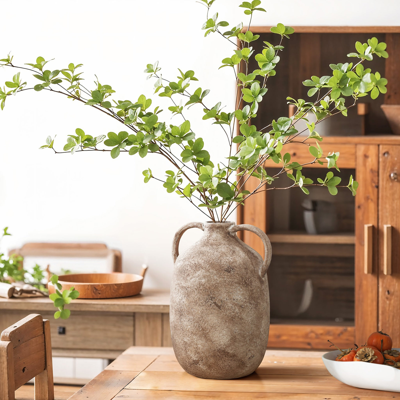 Marble Brown Ceramic 11.5-Inch Tall Jug Vase with Handles