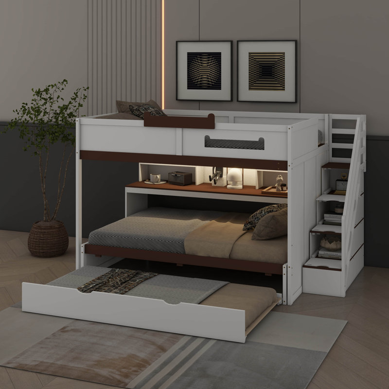 Lit superposé multifonctionnel avec escalier, lit gigogne et tablettes de rangement, DEL, Blanc