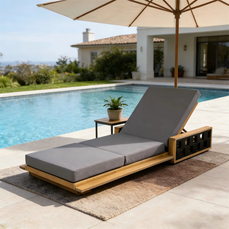 Chaise longue de patio en bois d'acacia Schnitzer avec dossier réglable et coussin à 3 volets (table non incluse), Gris foncé