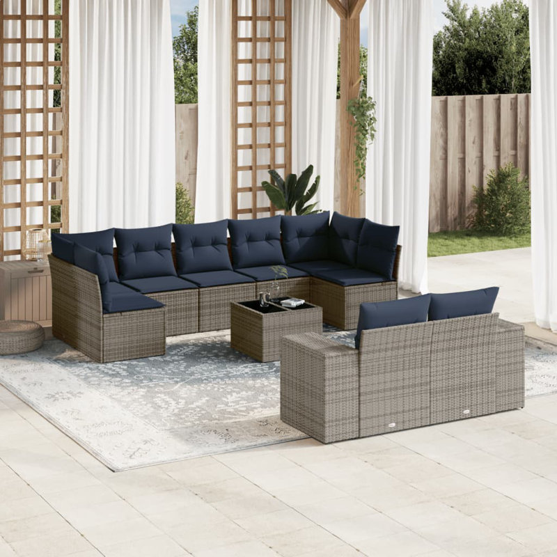 Ensemble de canapé de patio 10 pièces avec coussins en rotin de polyester, Marine, Gris