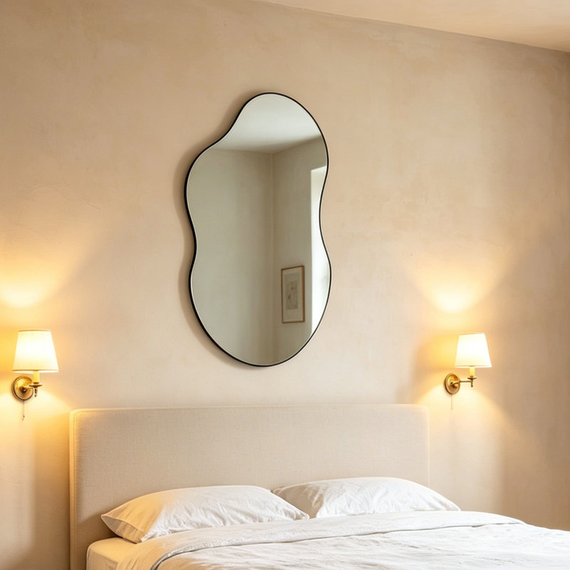 Asymmetrical Metal Wall Mirror, Black, 92cm H x 50cm W