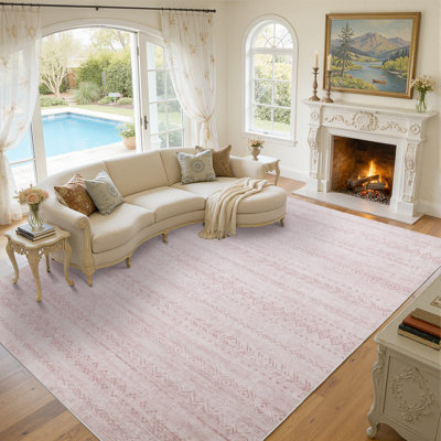 Tapis 10 x 14 pour le salon, grand tapis marocain géométrique lavable Boho, grand tapis intérieur antidérapant doux à poils courts pour le bureau de la chambre à manger, tapis de ferme neutre, rose