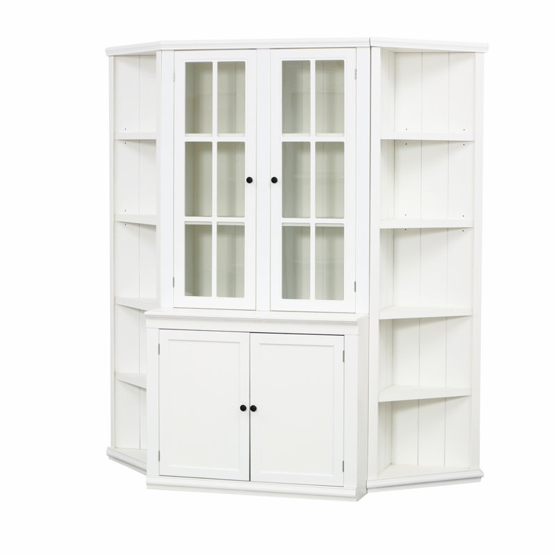 Vitrine de 75,25 po de hauteur et deux tablettes triangulaires à côtés, combinaison murale de style rétro de 69,25 po de largeur avec portes en verre, pour les couloirs, le salon, le bureau, le studio ou l'espace de travail