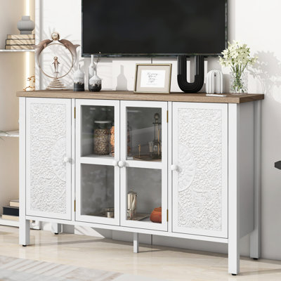 Console de 47,2 po de style rétro, 43 po de rangement, 3 armoires, portes en verre, ajoute du caractère à l'armoire rétro du salon, s'adapte aux téléviseurs et offre un attrait spacieux